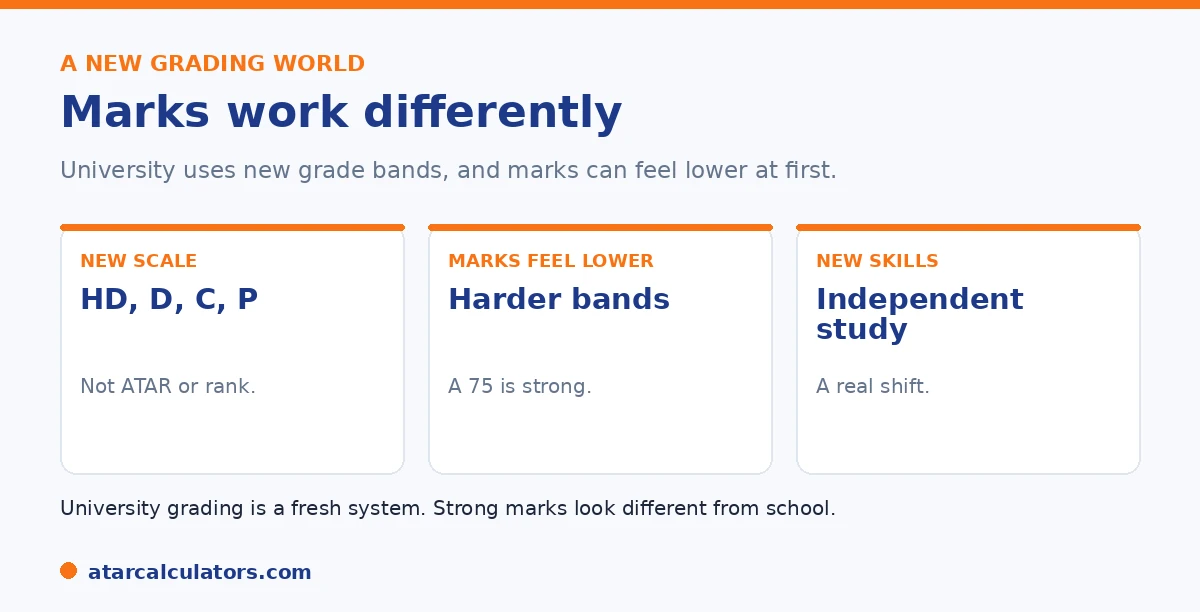 University grading uses new bands, marks can feel lower, and it rewards new skills.