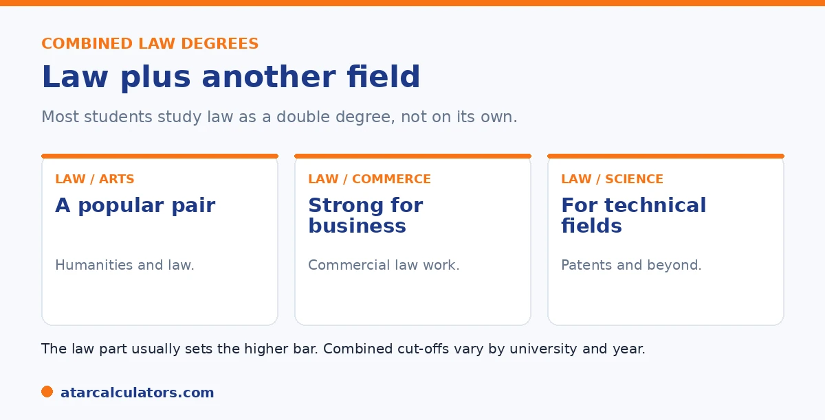 Combined law degrees pair law with another field, such as arts, commerce, or science.