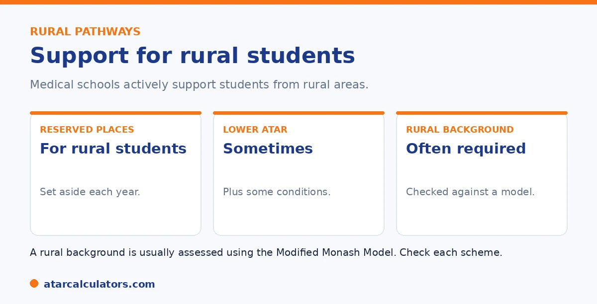 How rural medicine pathways work: reserved places, sometimes a lower ATAR, and a rural background requirement.