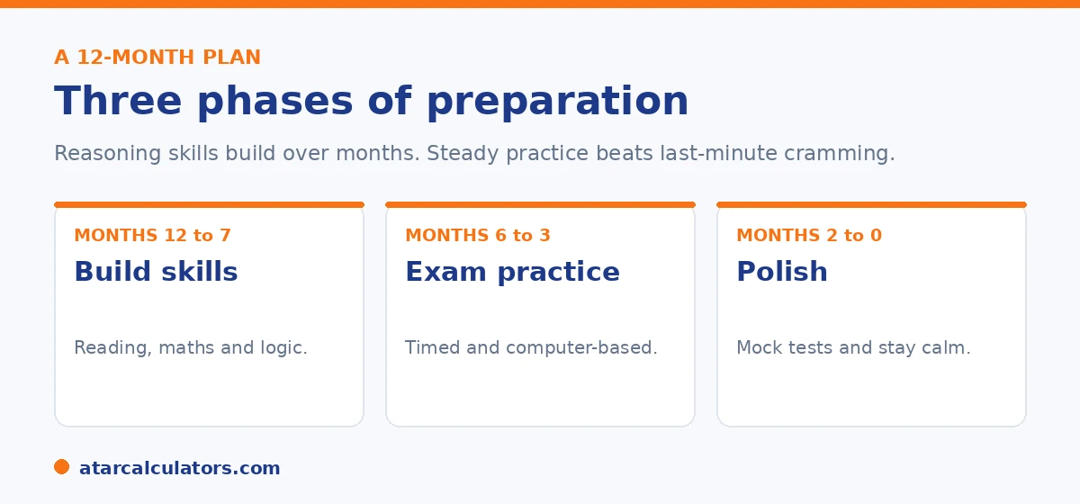 A 12-month selective test preparation plan in three phases: build skills, exam practice, polish.