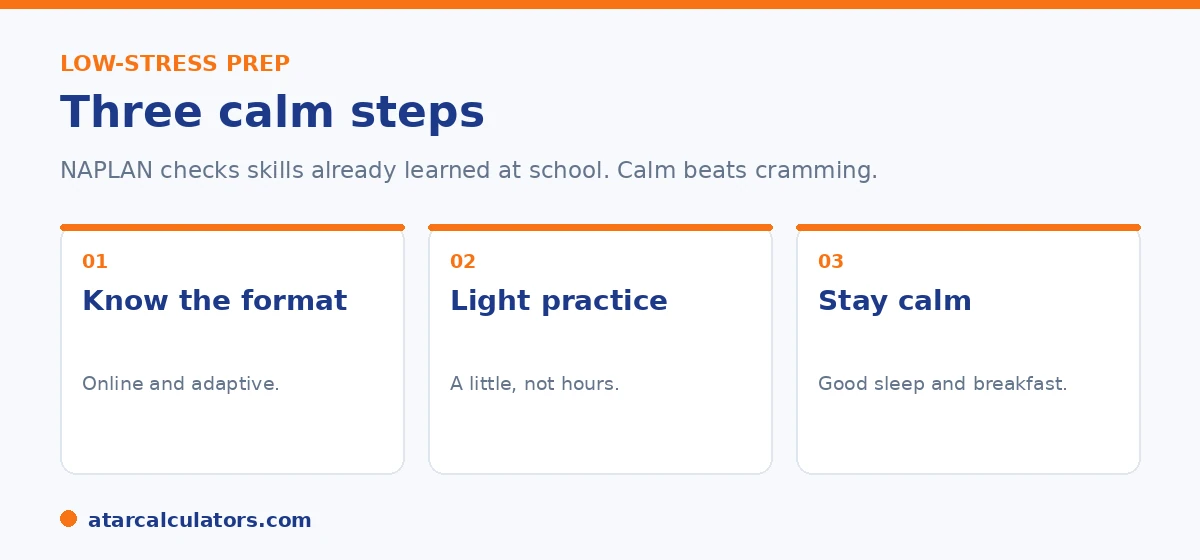 Three calm steps to prepare for Year 9 NAPLAN: know the format, light practice, stay calm.