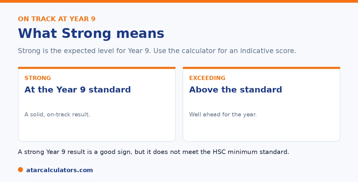 What Strong means at Year 9: at the Year 9 standard, with Exceeding above it.